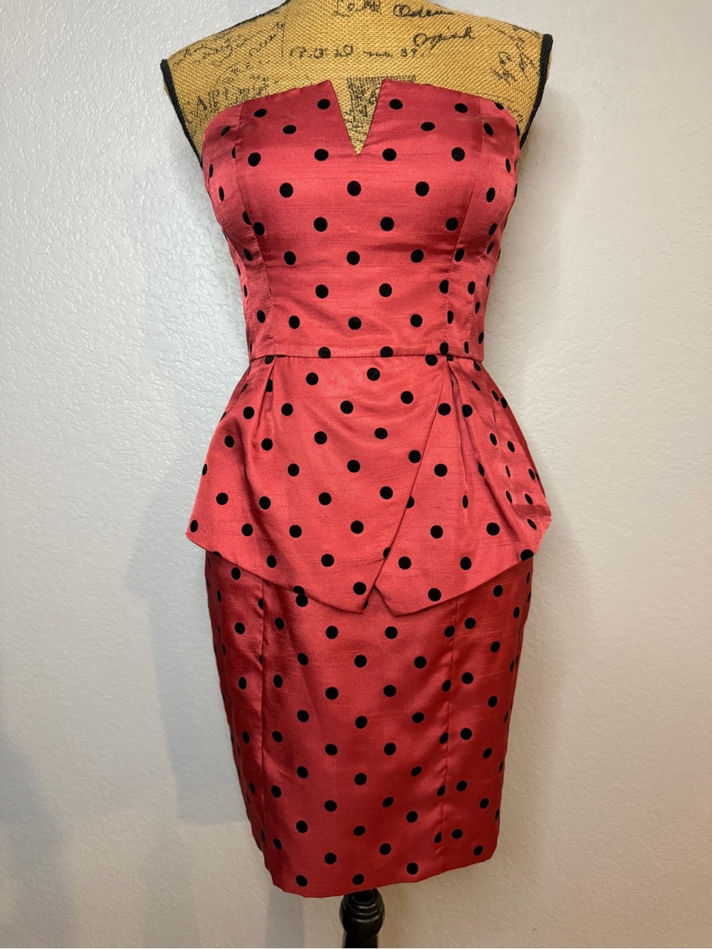Strapless Coral Polka Dot Peplum Dress
